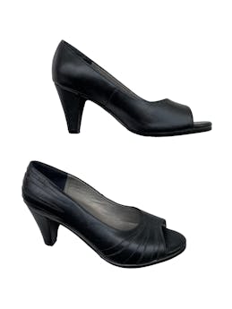 Zapatos de cuero negro con punta abierta, taco 7cm. Como nuevos.