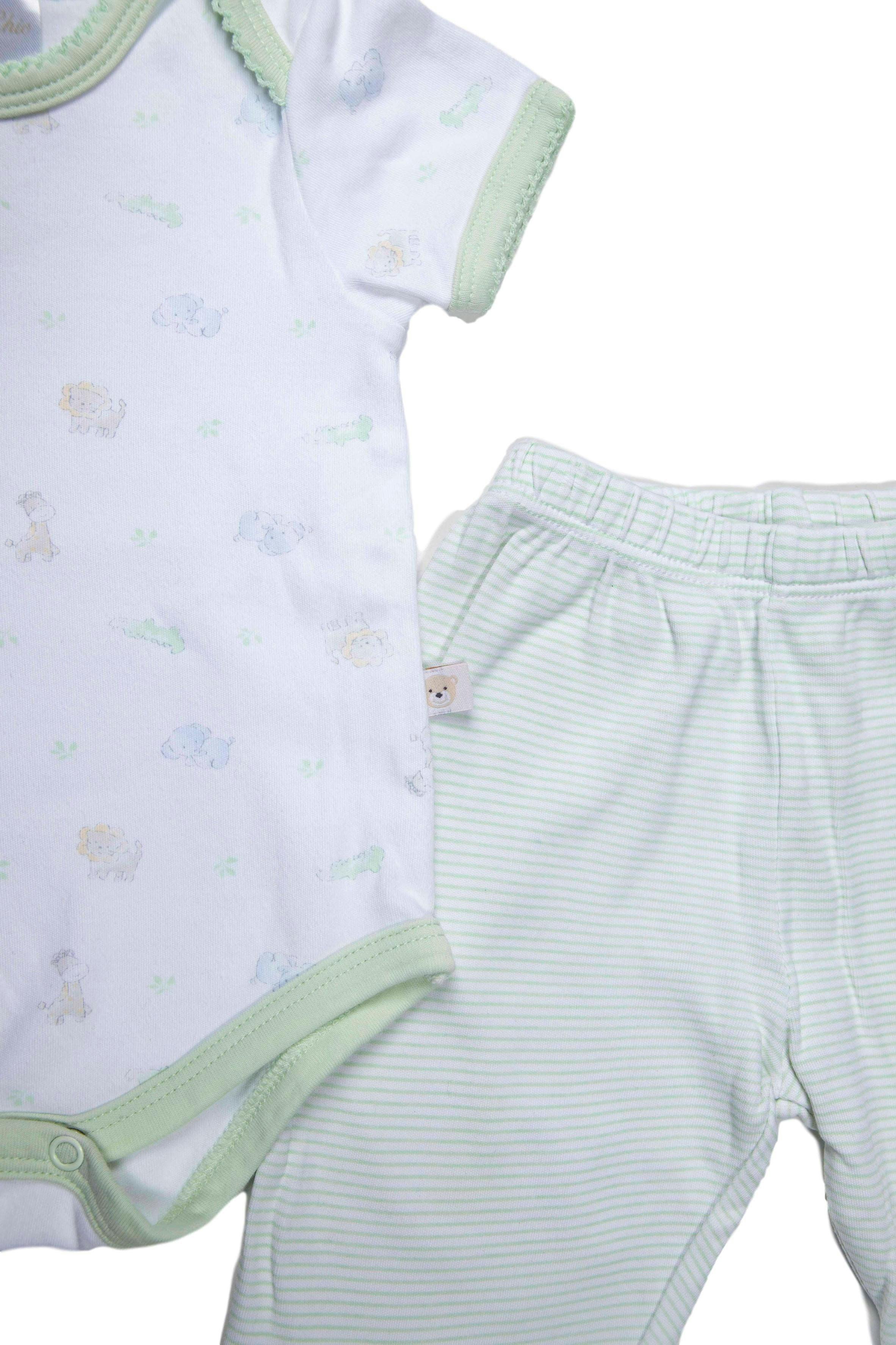 conjunto de body estampado con animalitos y pantalón rayado con pie verde pistacho y crema, 100% algodon - Baby Club Chic