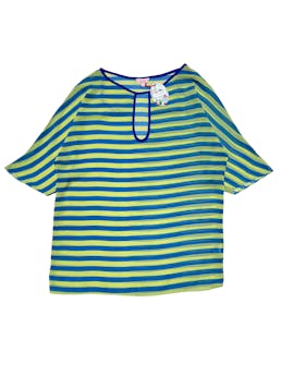 Blusón Zanzibar de gasa a rayas verdes y azules, con escote de gota en el cuello. Ancho 118cm Largo 75cm. Nuevo con etiqueta foto 1