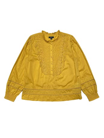 Blusa J Crew 100% algodón amarillos, modelo barroco con bordados y blondas, elástico en puños.  Busto 100cm Largo 58cm. Precio original S/ 350 foto 1