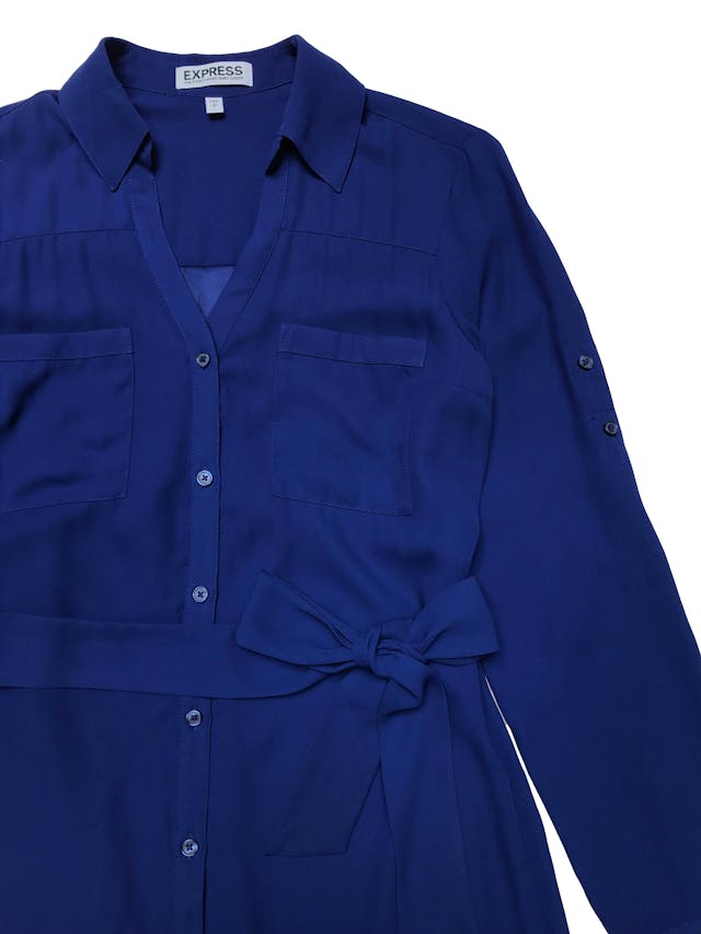 vestido - Vestido camisero Express de gasa azul, forrado, bolsillos en el pecho, cinto para regular y mangas largas regulables con botón. Ancho 96cm Largo 85cm.   - Talla S  - Express foto 2
