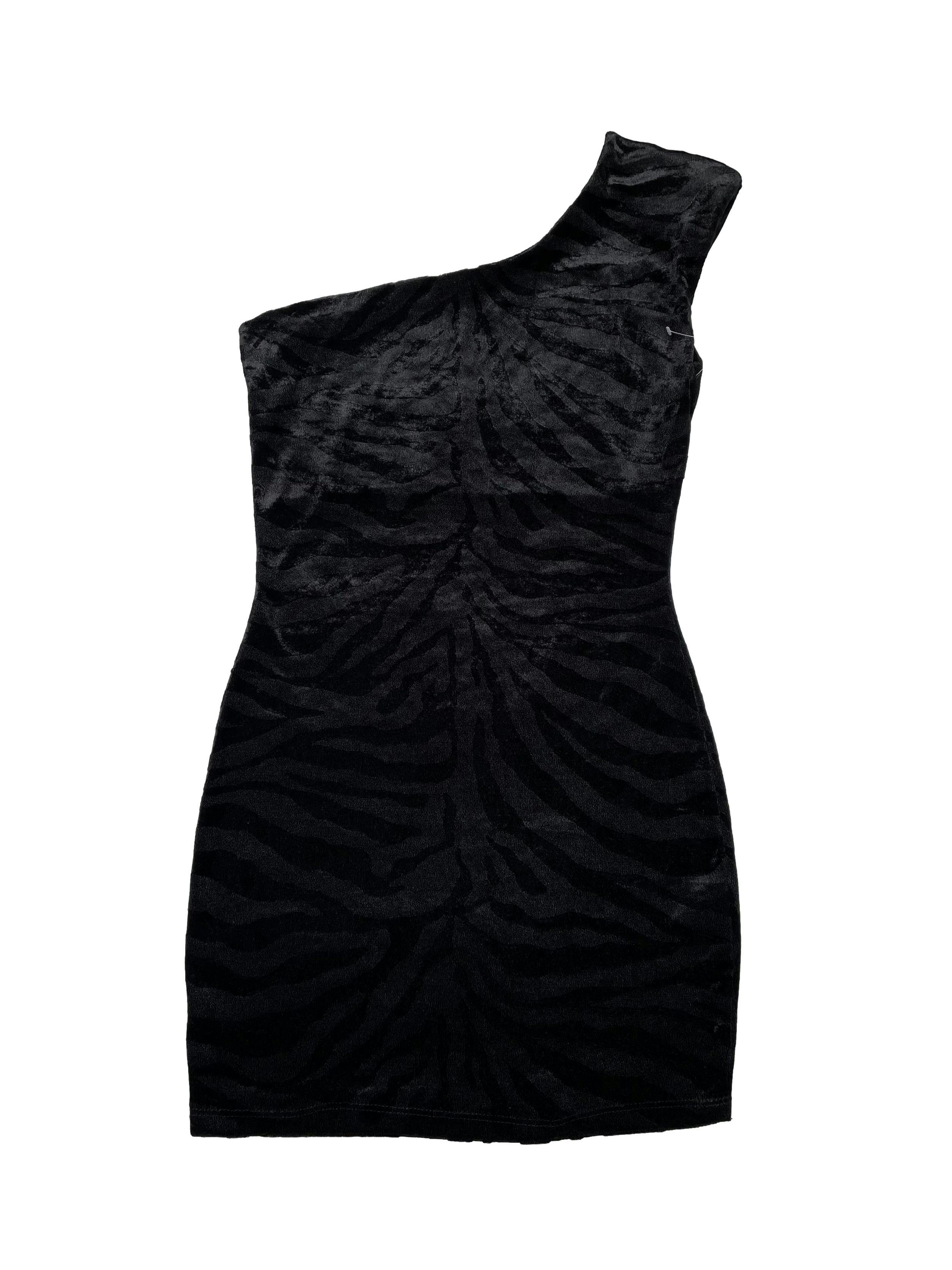 Vestido Symphony de tela tipo lush animal print negro, corte tubo, one shoulder con hombrera, es ligeramente stretch. Busto 96cm Largo 82cm. Nuevo.