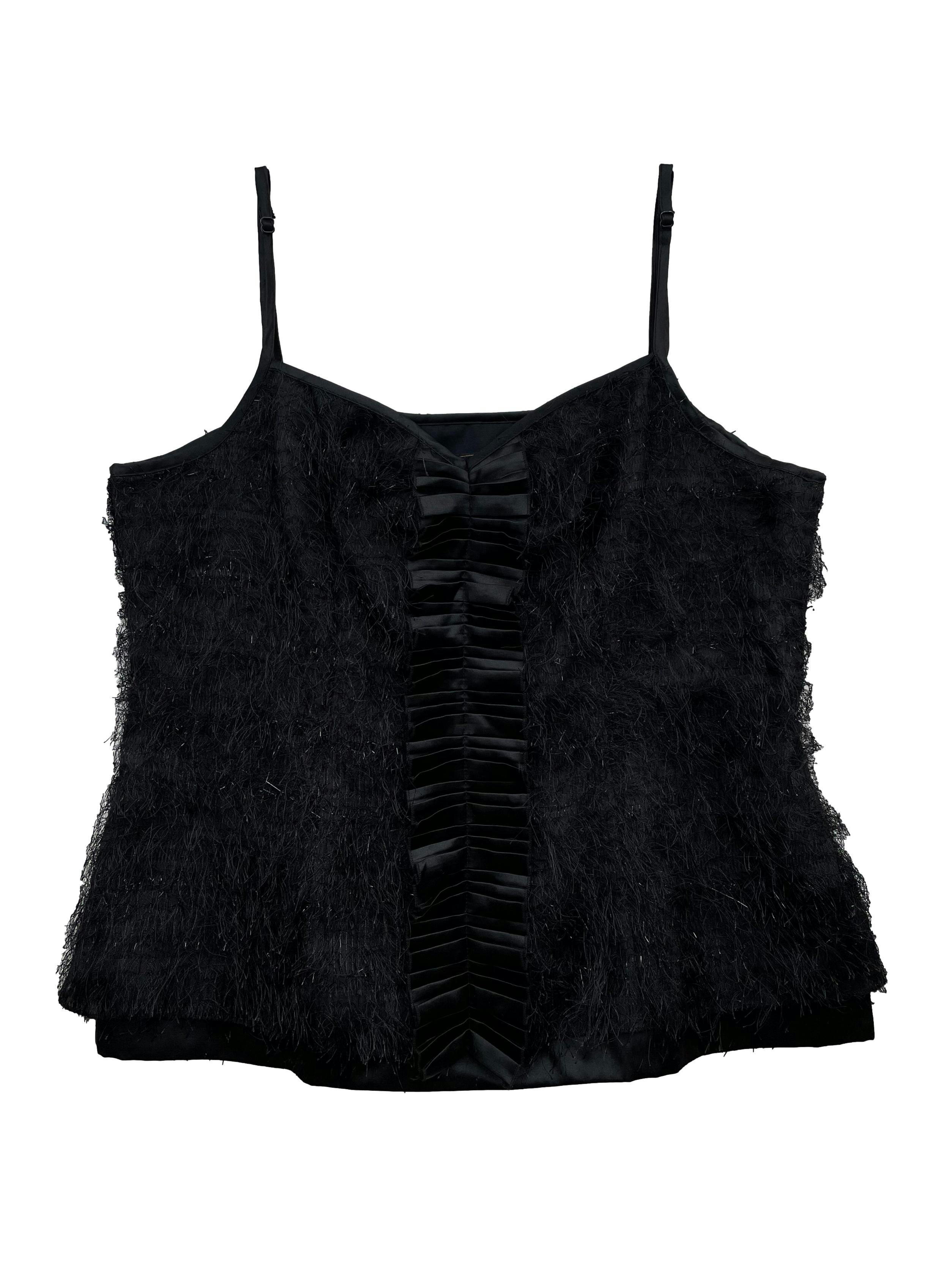 Blusa BcbgMaxazria negra, efecto pelo y base mezcla de seda y algodón, con cierre lateral. Busto 96cm Largo 52cm