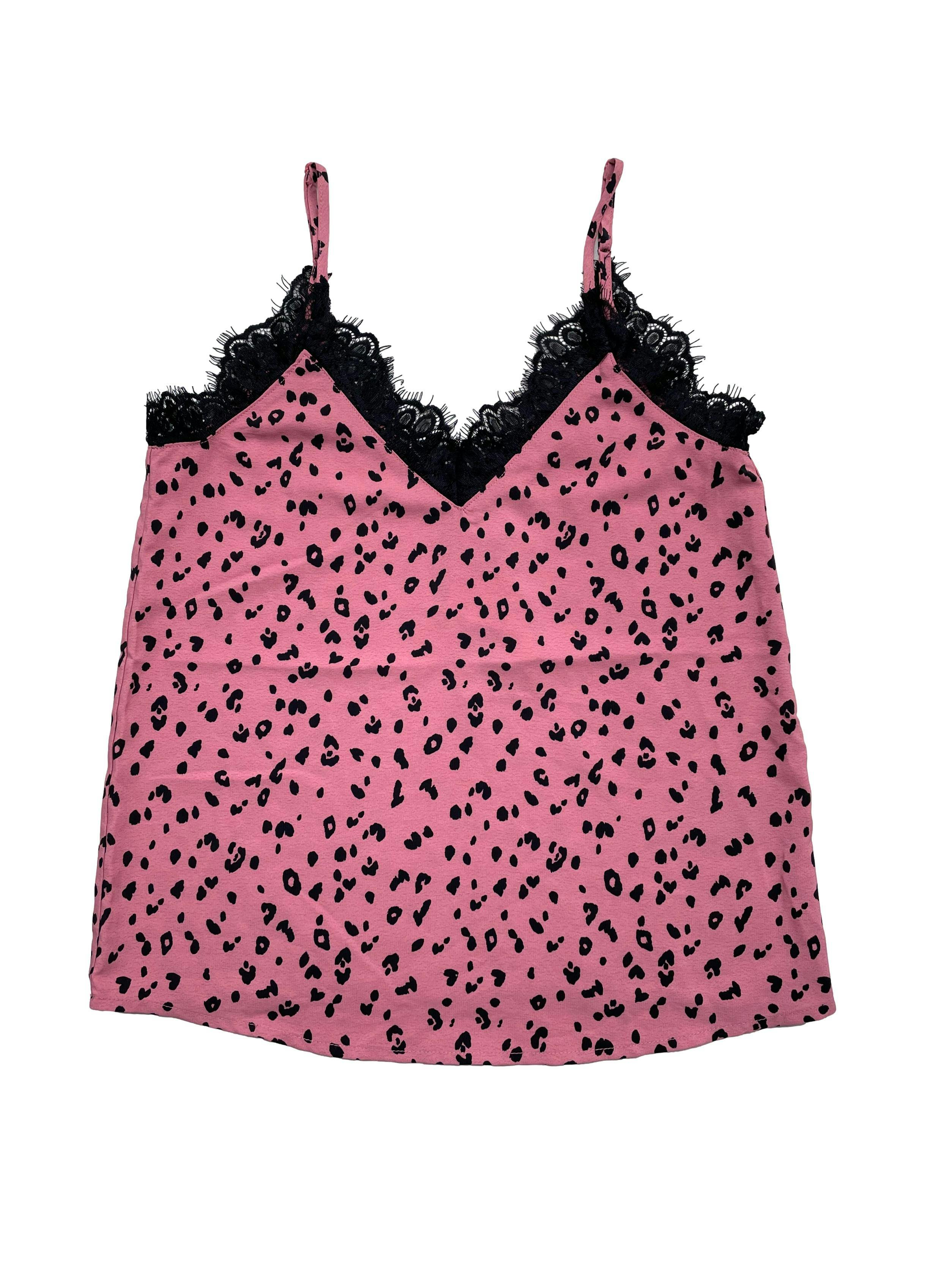 Blusa lencera H&M  tela plana animal print rosa y negro con encaje. Busto 84cm Largo 56cm. Nuva con etiqueta