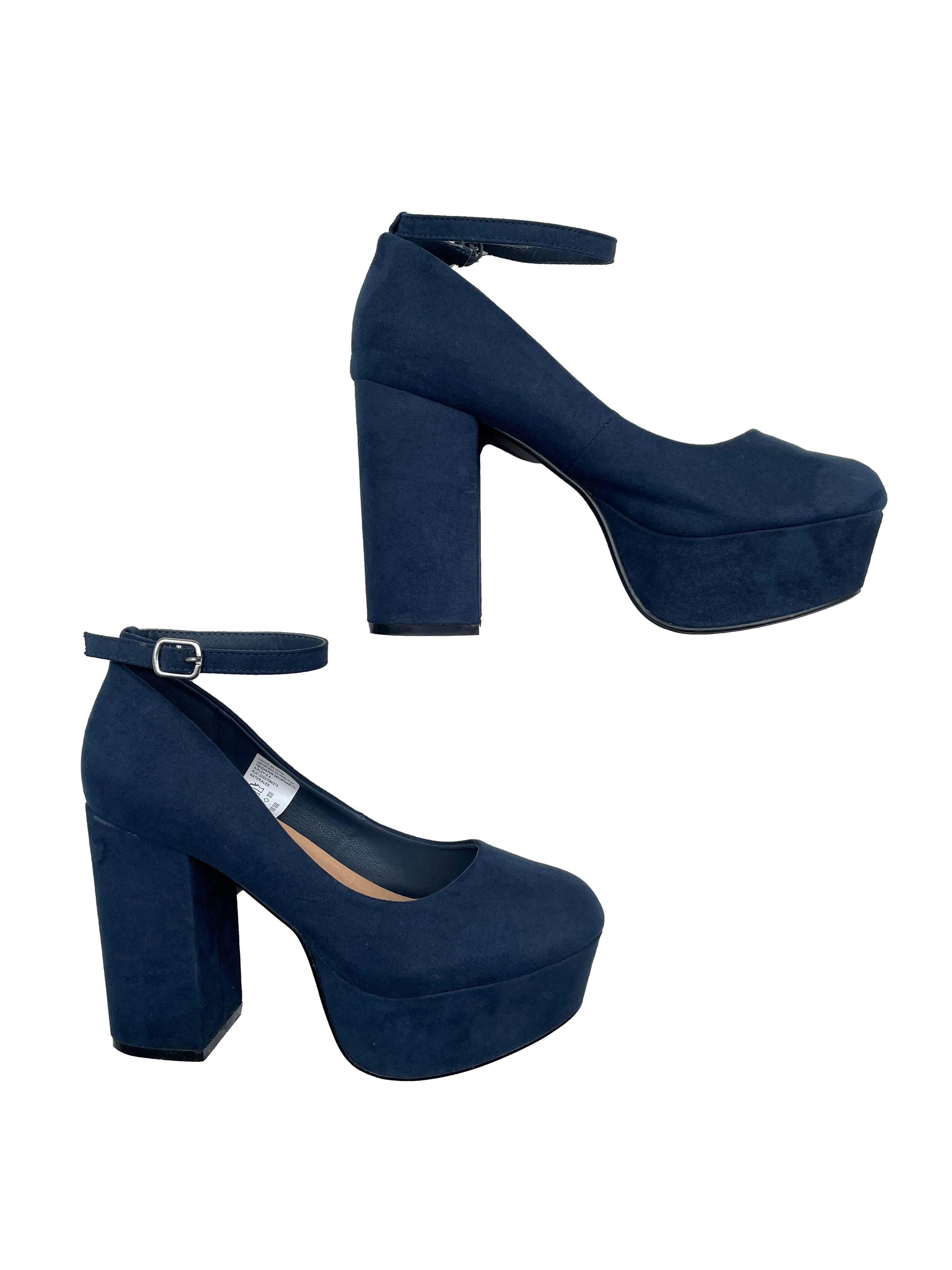 Zapatos Index azul marino tipo gamuza, modelo con correa en tobillo, taco  11cm, plataforma 4cm. Estado 9/10. | Las Traperas