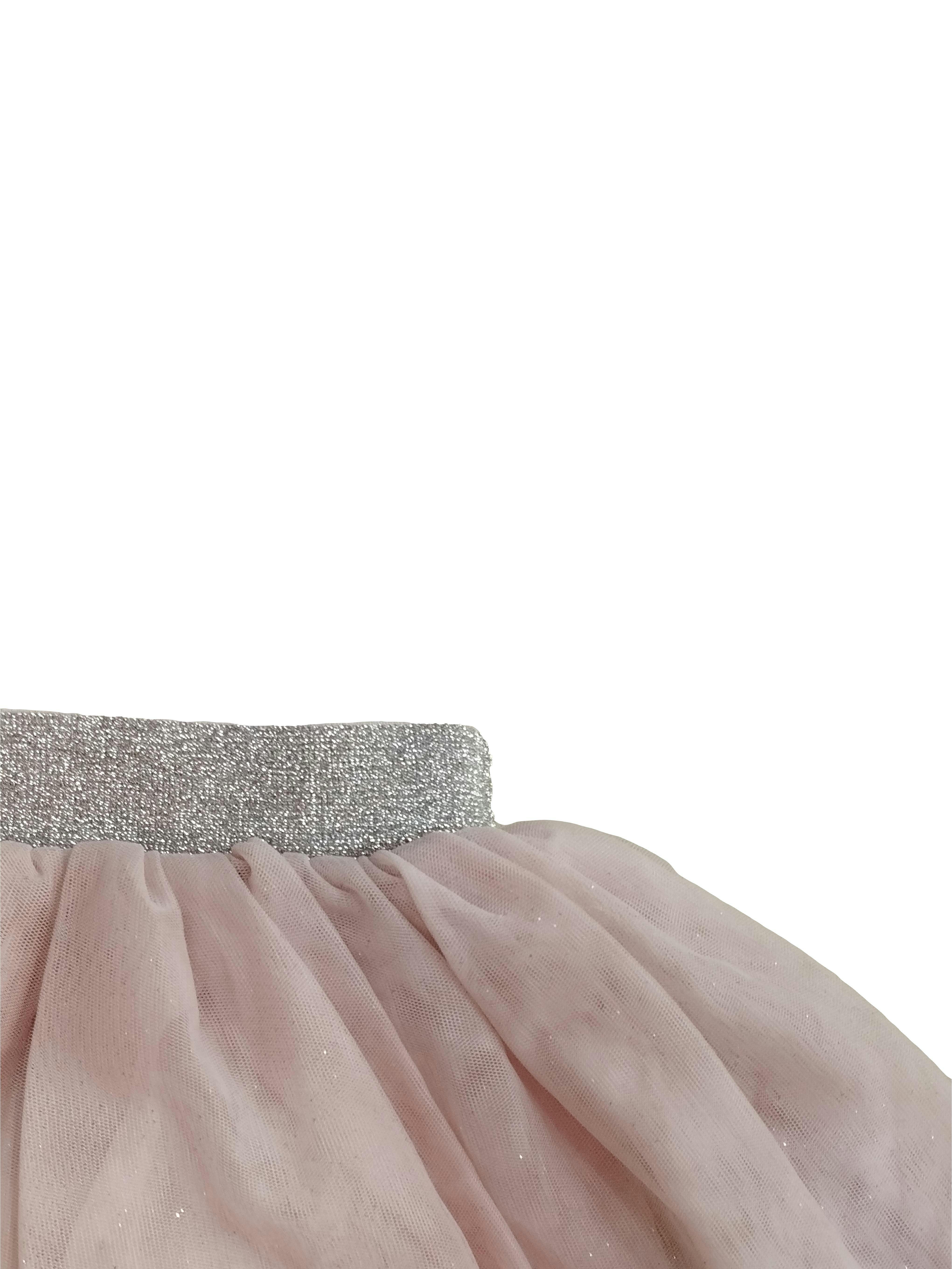 Falda Yamp de mesh rosa con forro, pequeños brillos, elástico plateado en la cintura. Cintura: 50 cm, Largo: 28 cm. Nuevo con etiqueta. SM