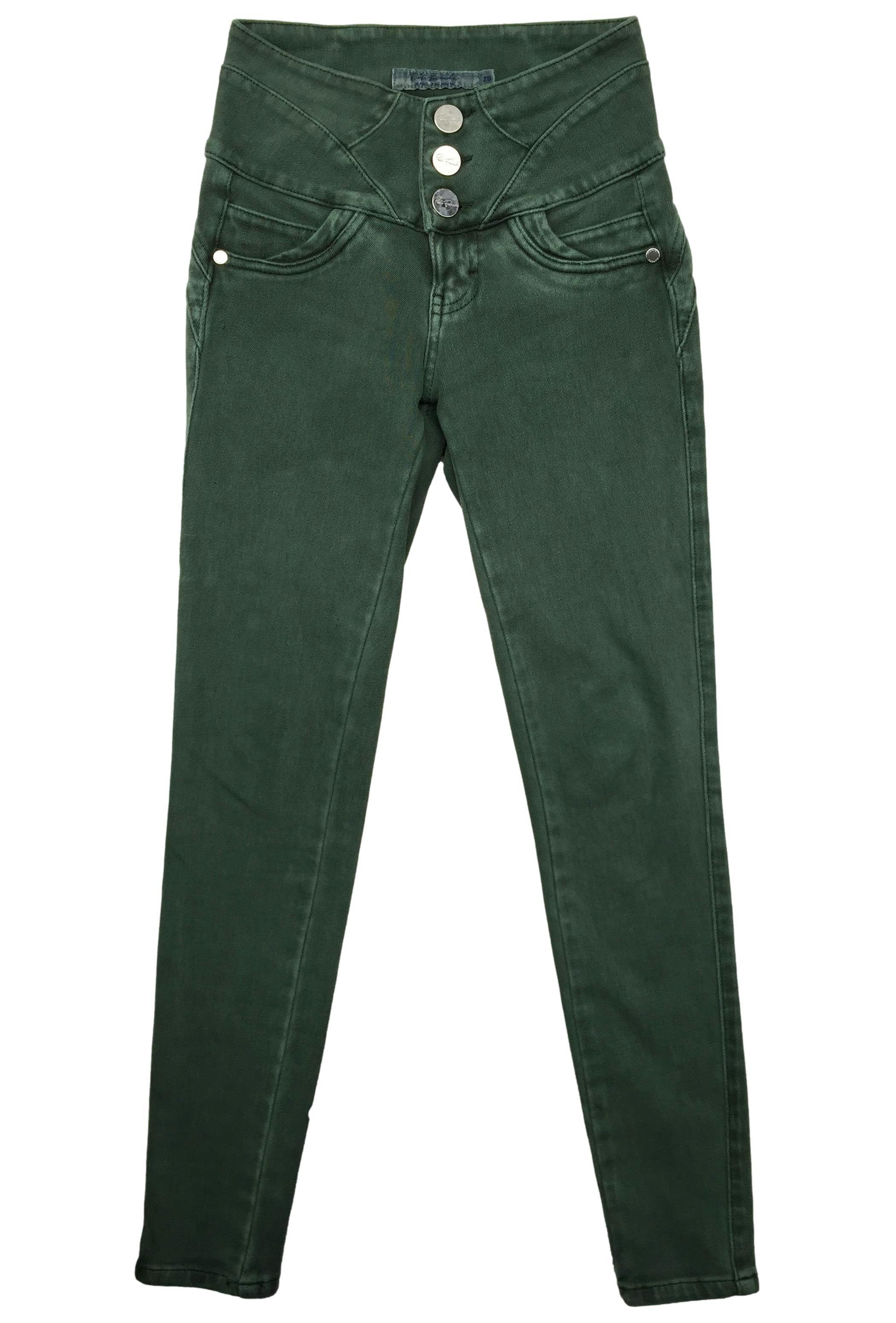 Skinny jean verde Paola French, tela stretch, pretina ancha con botones metálicos, falsos bolsillos y entalle posterior con pinzas. Cintura 60cm sin estirar, Tiro 22cm, Largo 90cm.