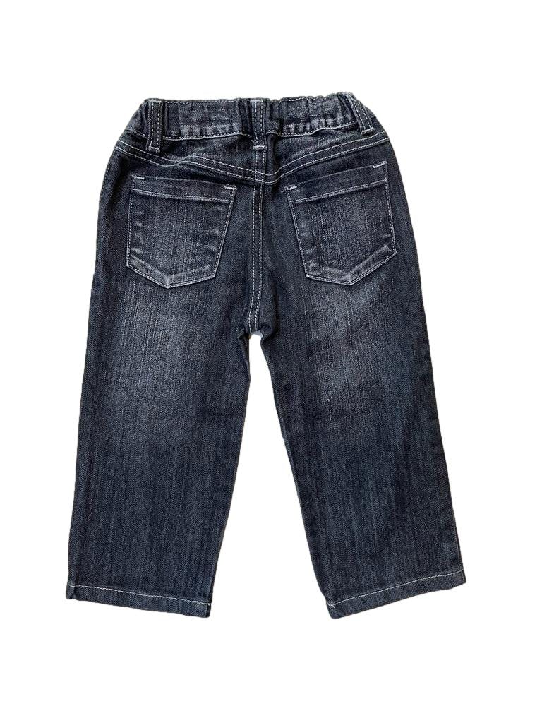 Pantalón jean grafito con bordado floral, bolsillos y elástico regulable en cintura.