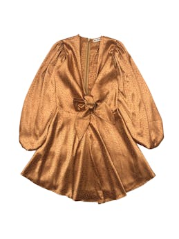 Vestido Bohem cobre satinado con animal print al tono, cierre en espalda, falda con vuelo, mangas abullonadas. Busto 90cm Largo 80cm
