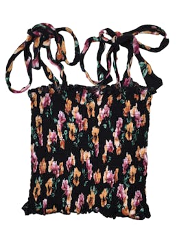 Top negro strapless con tiritas para amarrar, estilo panal de abeja con estampado floral en tonos rosado y naranja. Busto 60 cm sin estirar, Largo 22 cm.