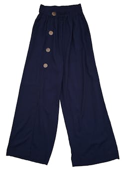 Pantalón culotte azul de tela fluida tipo lino con abertura en pierna y botones delanteros. Cintura 60 cm, Tiro 30 cm, Largo 87 cm.