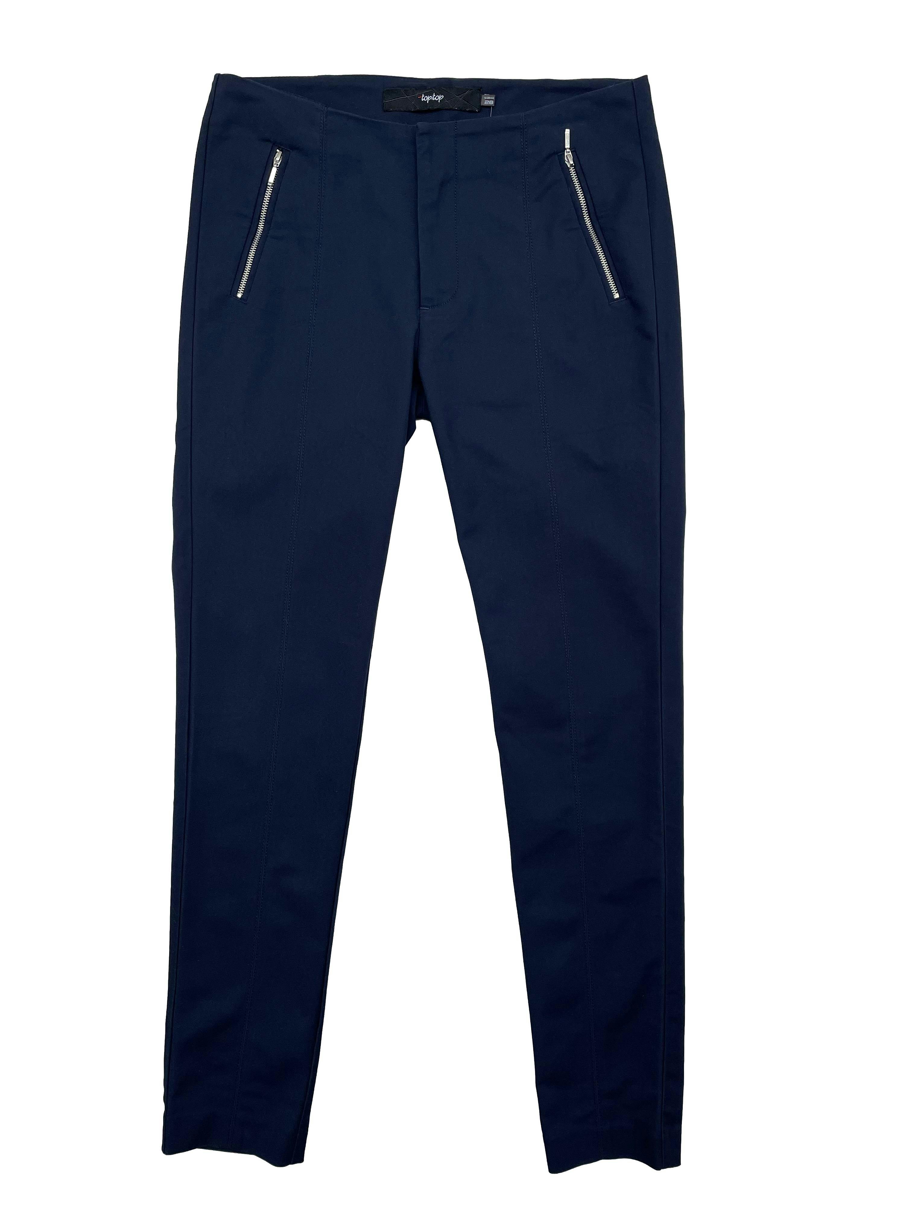 Pantalón slim fit Topitop azul marino con aplicación de cierres y falsos bolsillos posteriores. Cintura 76cm, Largo 97cm.