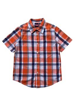 Camisa Wrangler a cuadros anaranjados blancos azules, manga corta, 60% algodón.