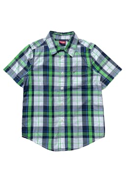 Camisa Wrangler a cuadros blancos verdes azules, manga corta, 60% algodón.