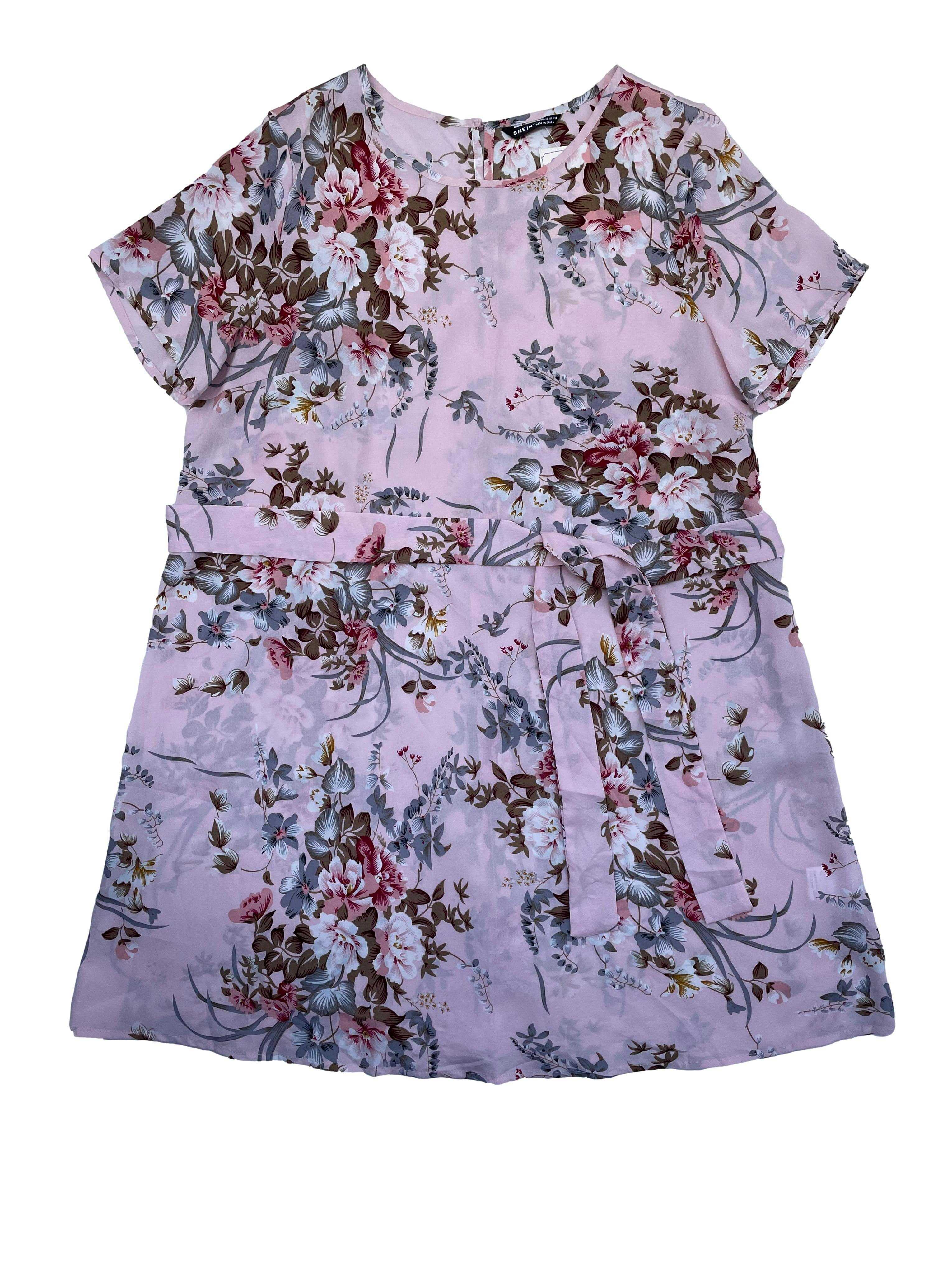 Vestido Shein tela plana rosa con flores, línea en A con cinto para amarrar y botón posterior en el cuello. Busto 110cm Largo 85cm 