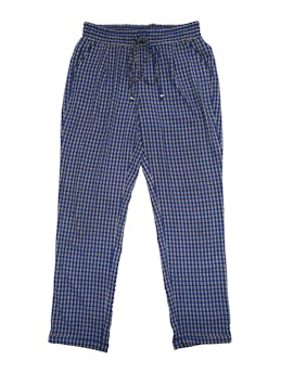 Pantalón Sfera de crepe azul con estampado marrón, pretina elástica, bolsillos y pasador regulable. Cintura 76cm Tiro 31cm Largo 100cm