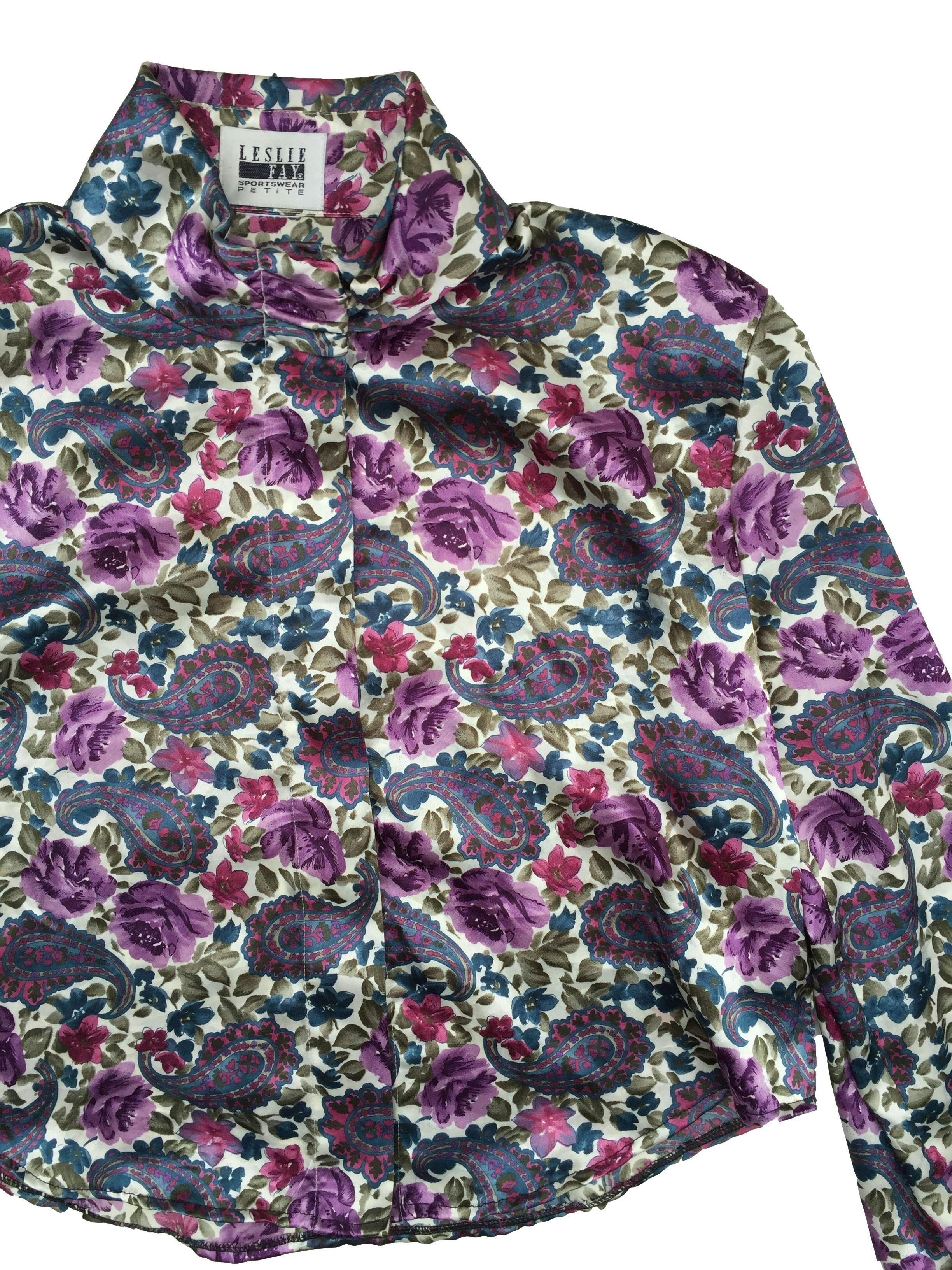 Blusa vintage Leslie Fay tela sedosa crema con flores moradas. Busto 105cm Largo 45cm