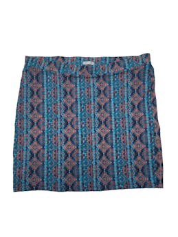 Falda Urb azul con estampado tribal y pretina elástica, 95% algodón. Nueva con etiqueta.Cintura 80cm sin estirar, Largo 40cm.