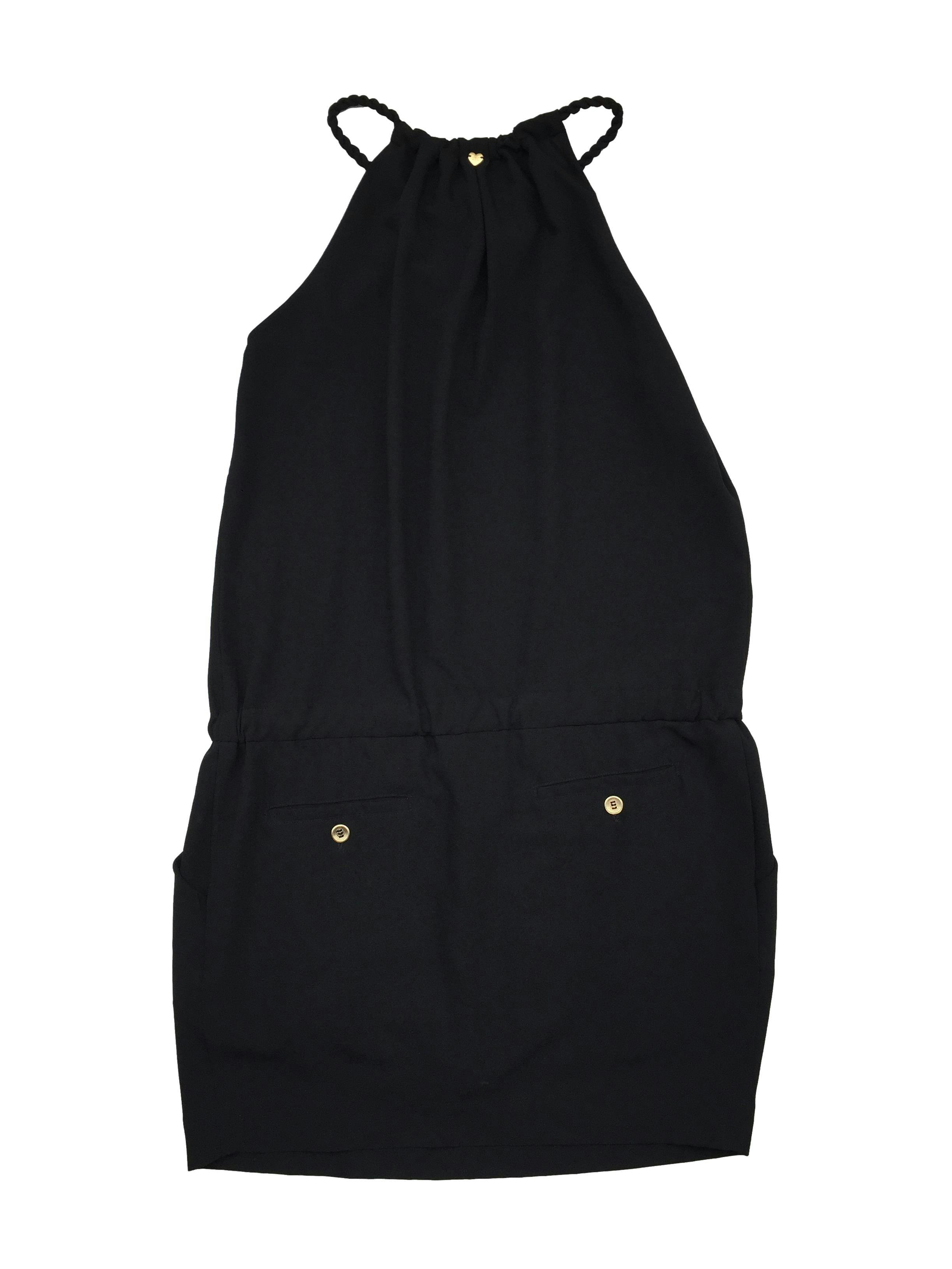 Vestido Etc negro con cuello soga recogido, pretina con cinto regulables y falda con bolsillos. Busto 100cm Largo 80cm