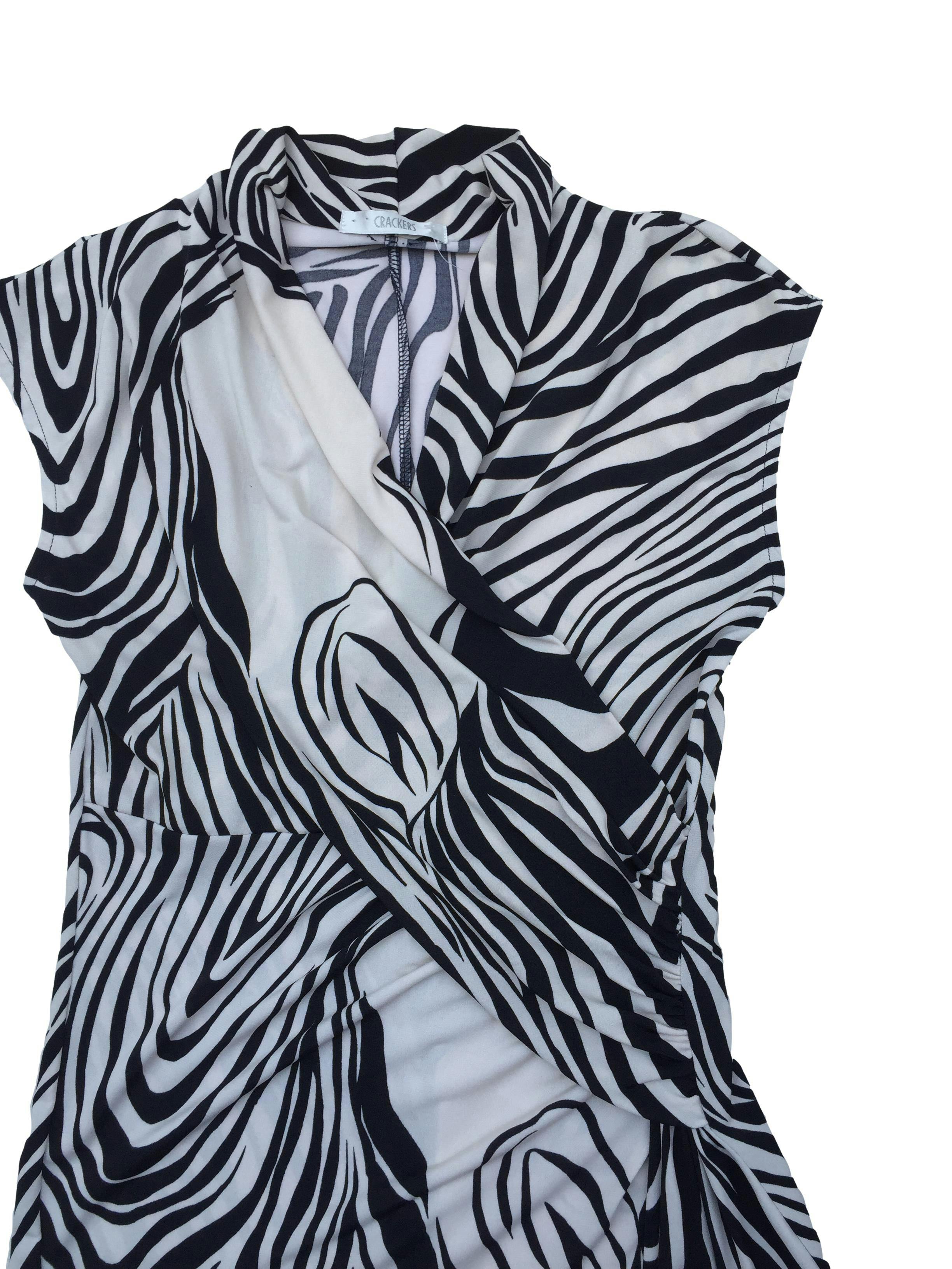 Vestido Crackers zebra print beige y negro, delantero cruzado, tela stretch. Busto 90cm Largo 80cm