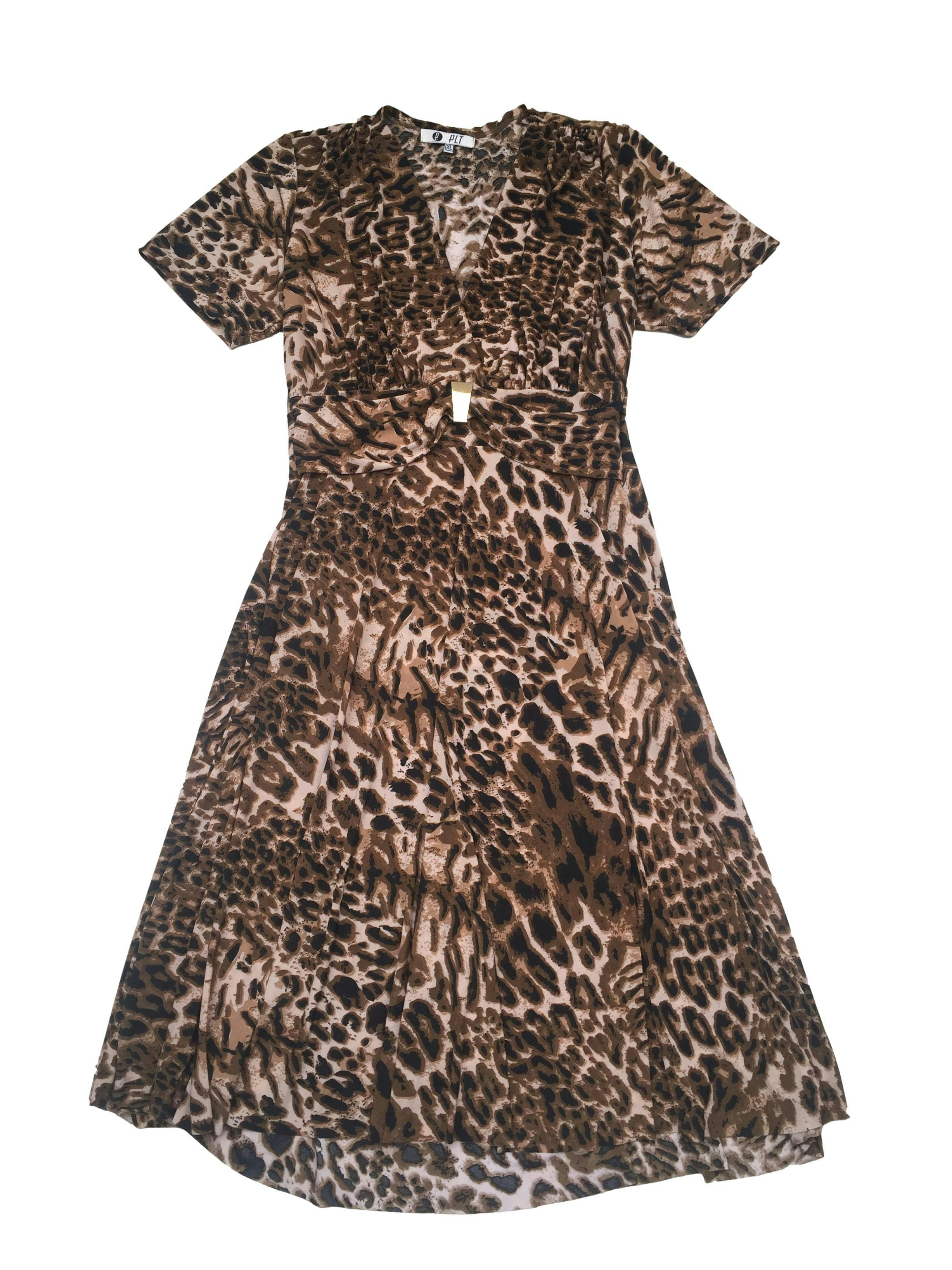 Vestido PLT Animal Print tela fresca tipo lycra, corte en A con escote cruzado y cintos con pieza metálica. Busto100cm, Largo 105cm.