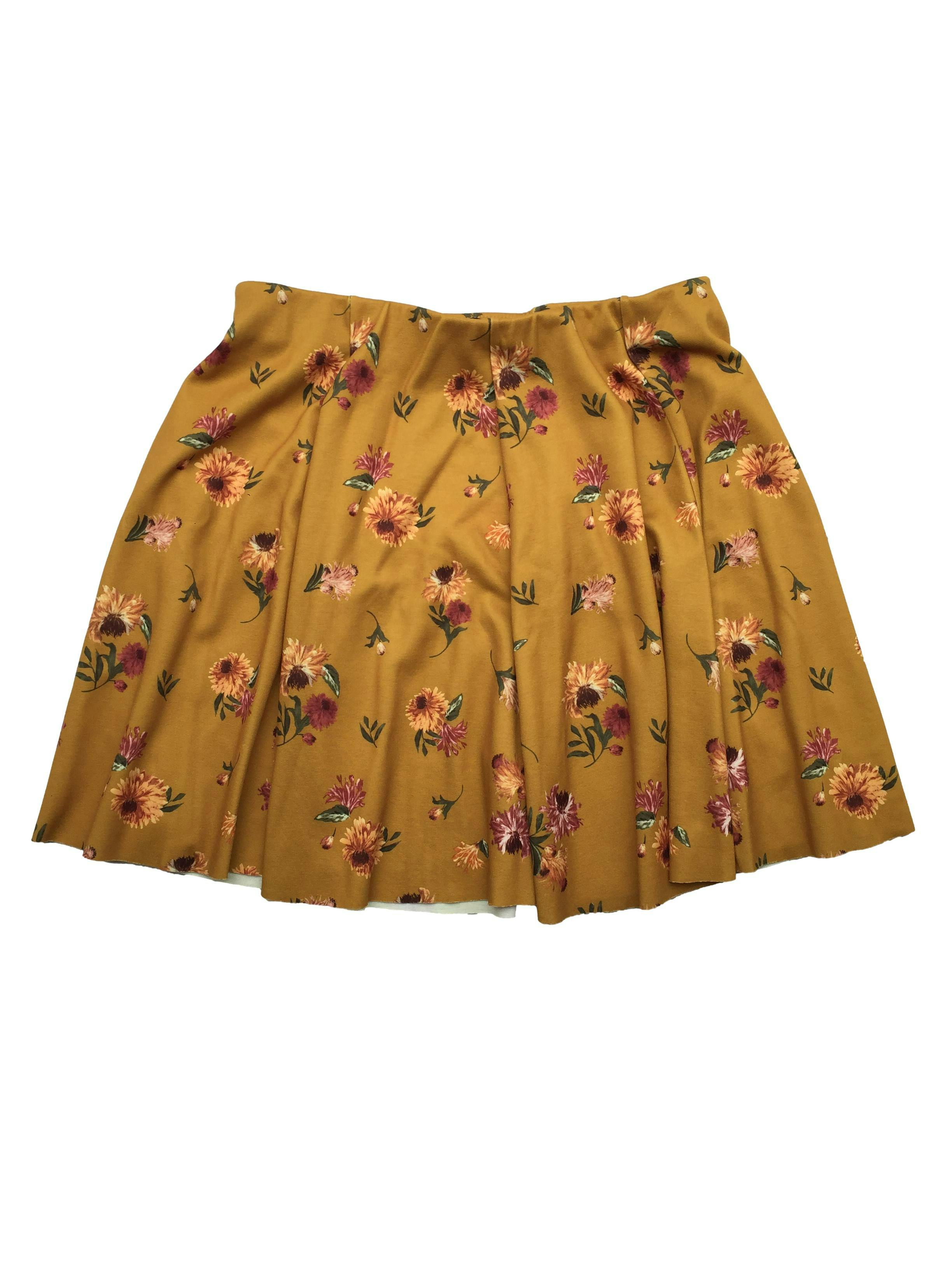 Falda Zara semicircular color mostaza con estampado floral, pretina elástica. Nuevo con etiqueta, precio original S/69. Cintura 72cm, Largo 42cm.
