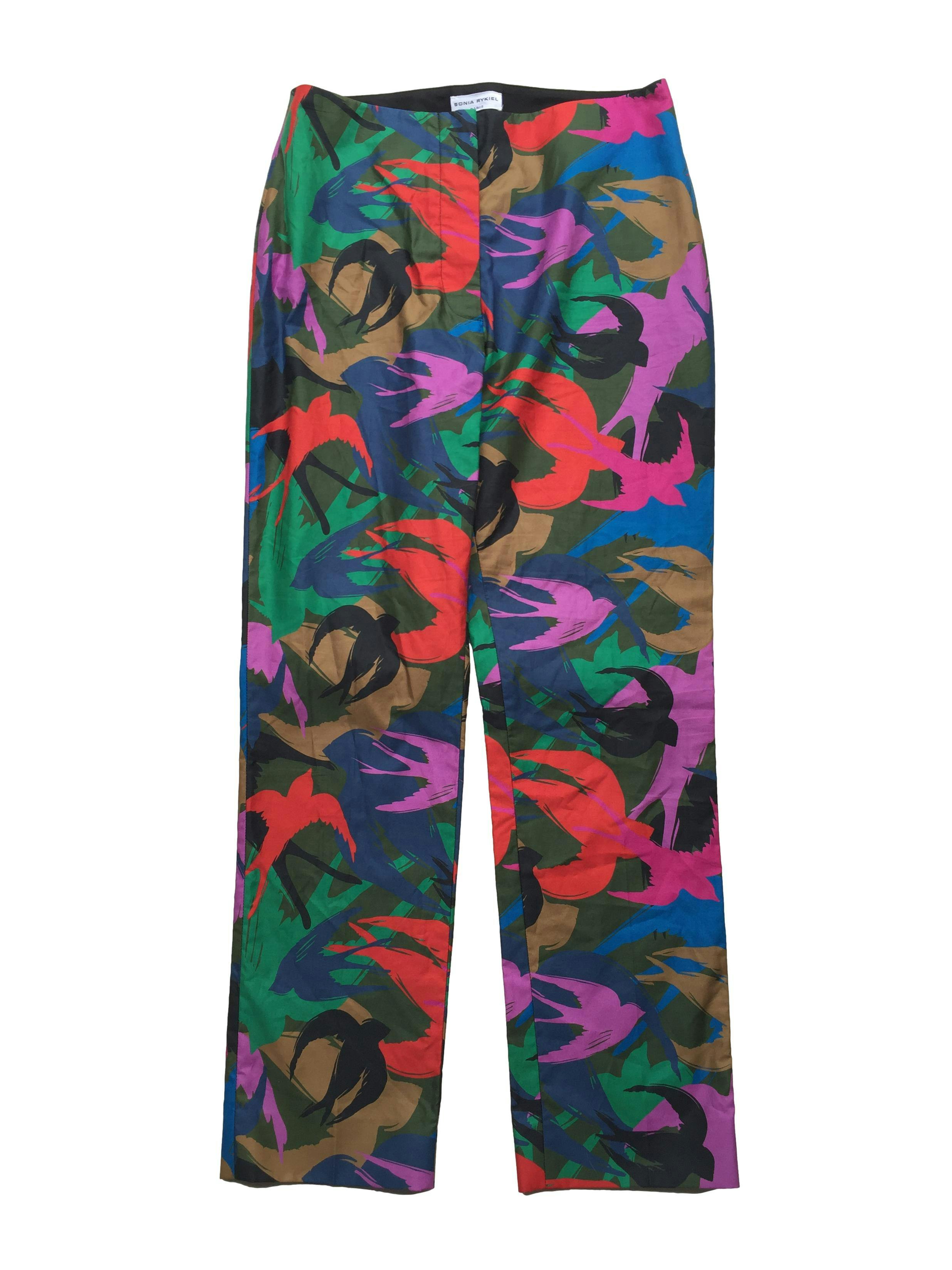 Pantalón Sonia Rykiel slim fit azul con estampado de aves multicolor, tela fresca 100% algodón. Precio original S/600. Cintura 70cm, Largo 93cm.