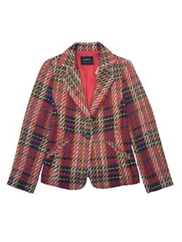 Blazer de tweed con hilos multicolor, modelo de un solo botón con forro y bolsillos. Busto 90cm, Largo 55cm.