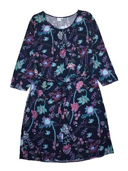 Vestido Elle azul con flores,cinto para amarrar, manga 3/4, tela fresca, falda con bolsillos. Busto: 114cm, Largo: 95cm. Nuevo con etiqueta