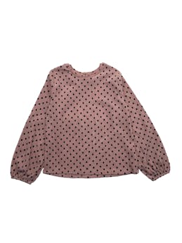 Polo Zara palo rosa con polka dots negros, tela ligera stretch y abertura ojal con botón posterior.