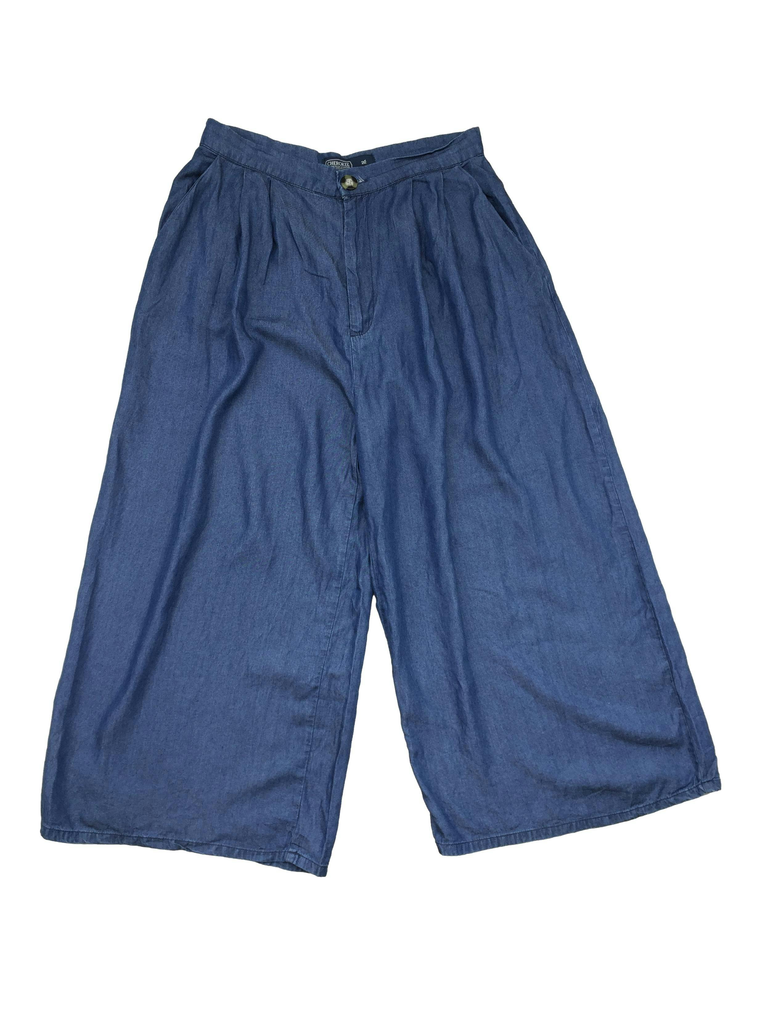 Pantalón Cherokee palazo azul, tela fluída. Cintura: 78cm, Tiro: 35cm, Largo: 95cm.