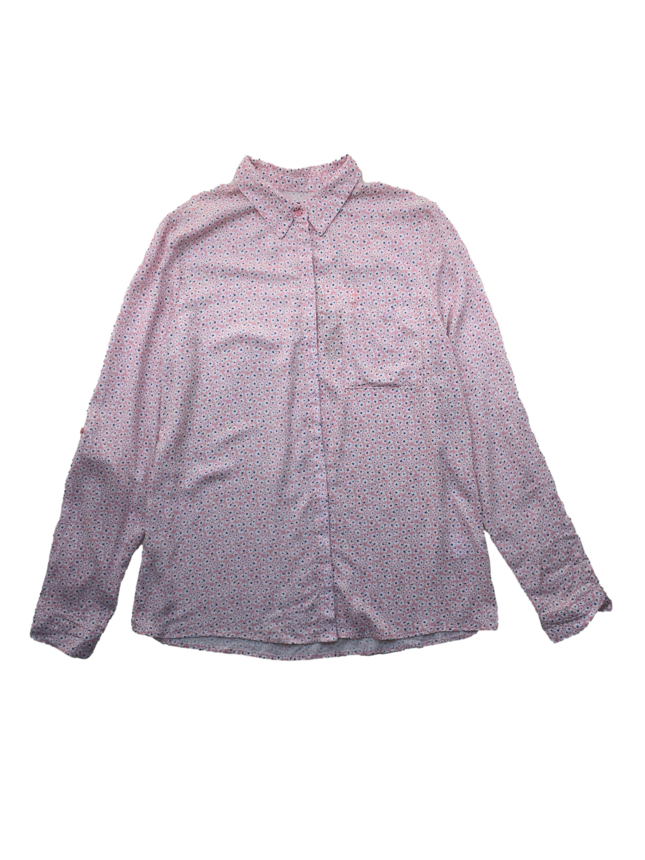 Blusa MTH rosada con flores blancas, botones delanteros, tela fresca. Busto: 108cm, Largo: 72cm. Nuevo con etiqueta.