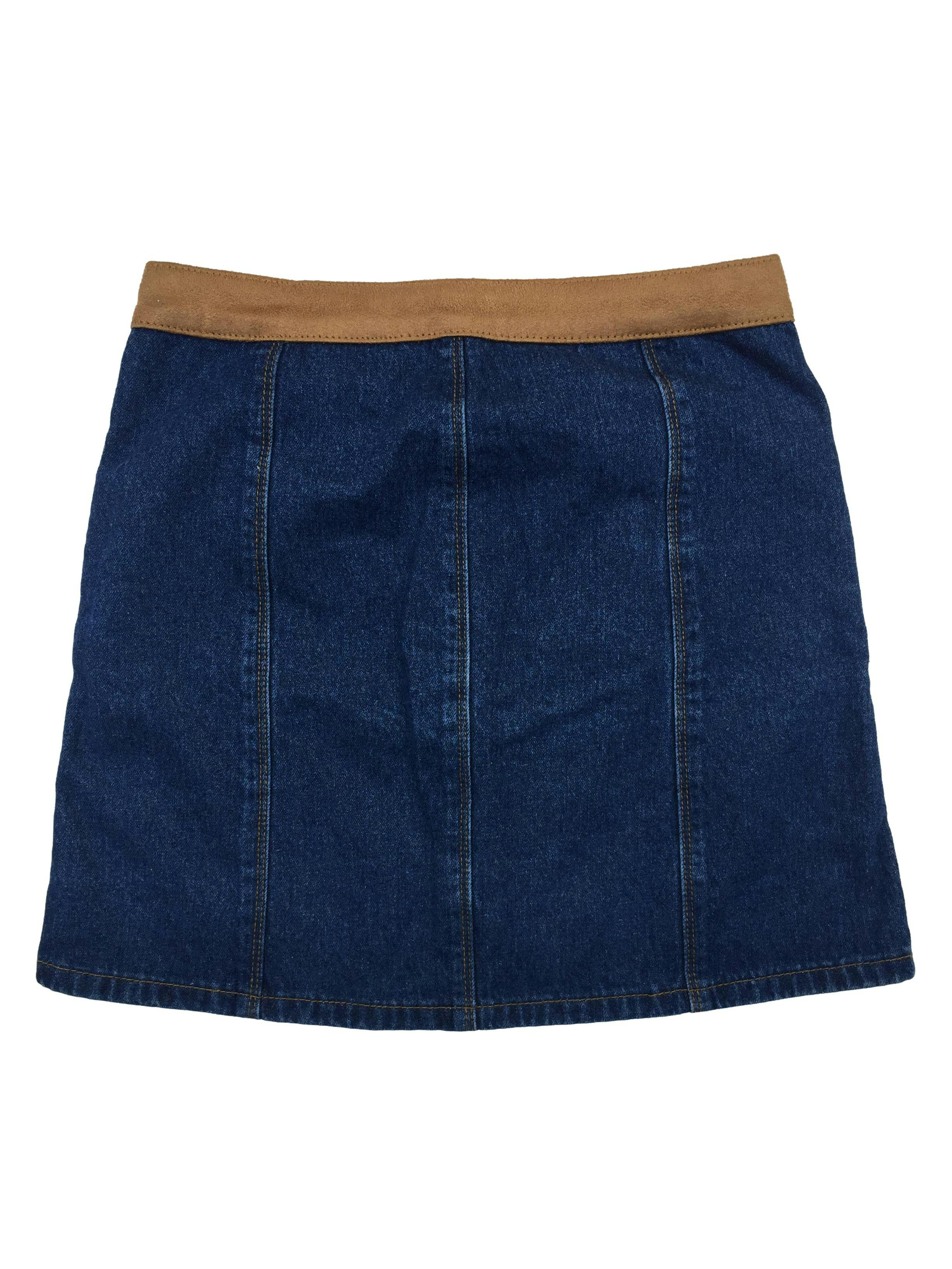 Falda Opposite jean, bolsillos y botones delanteros, bordes tipo piel de durazno. Cintura: 72cm, Largo: 43cm