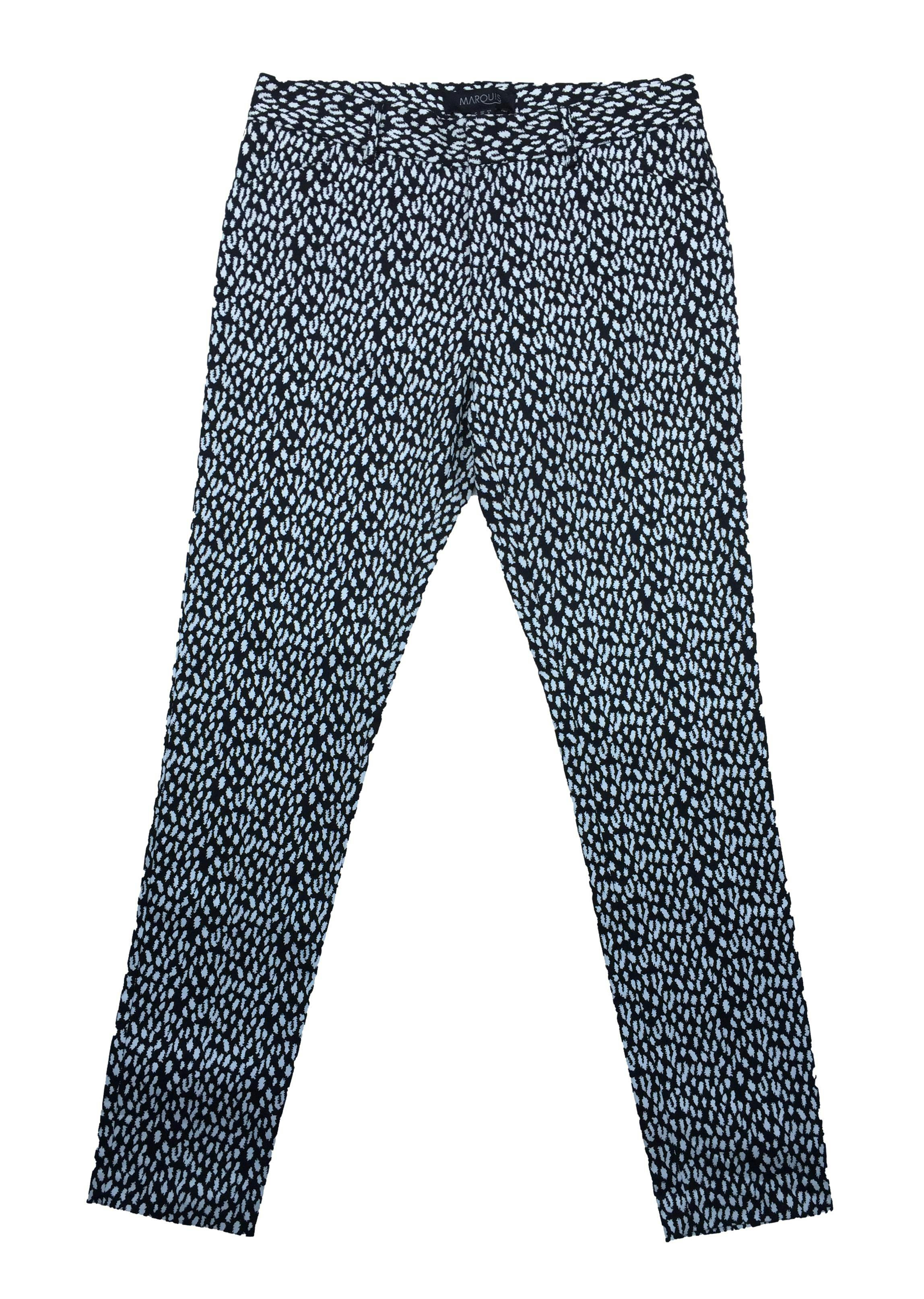 Pantalón Marquis slim fit con estampado en blanco y negro, bolsillos frontales y falsos bolsillos posteriores, tela 97% algodón. Cintura 80cm, Tiro 25cm, Largo 101cm.