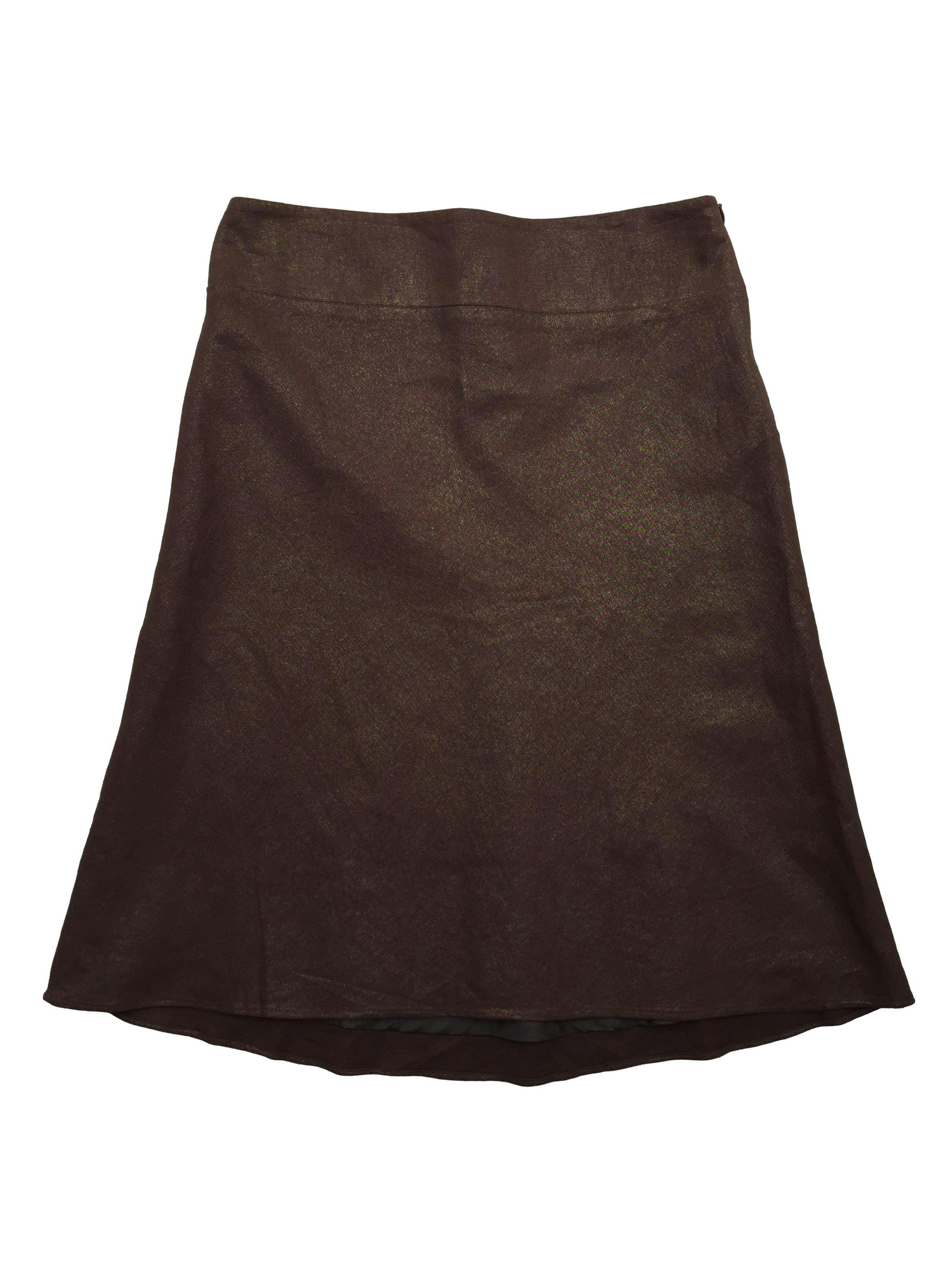 Falda sastre Mae Alcott 55%lino marrón con hilos metálicos, forro y cierre lateral. Cintura 80cm, Largo 62cm.