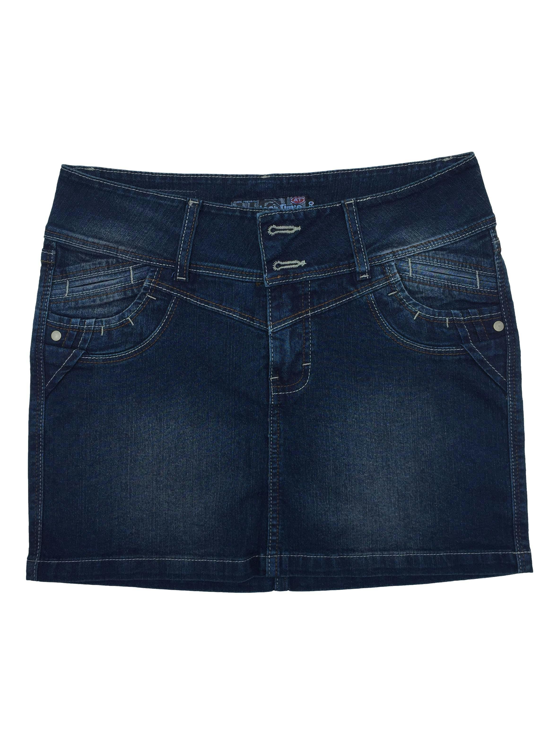 Falda jean strech con pespuntes a contraste y focalizado. Cintura 74cm Largo 37cm. Nuevo con etiqueta