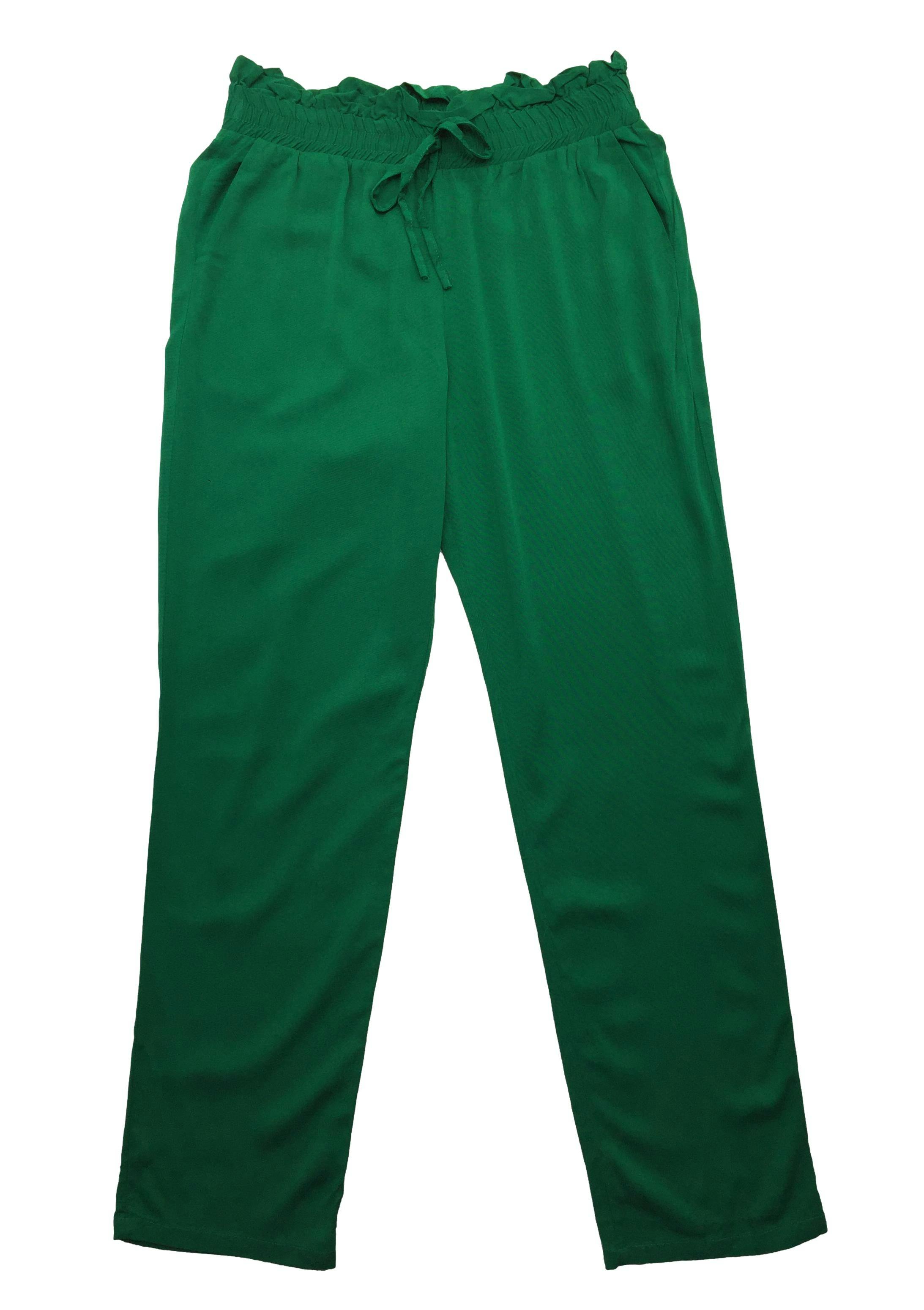 Pantalón Settimana verde, tela fresca, pretina y bolsillos laterales. Cintura 68cm Tiro 28cm Largo 92cm