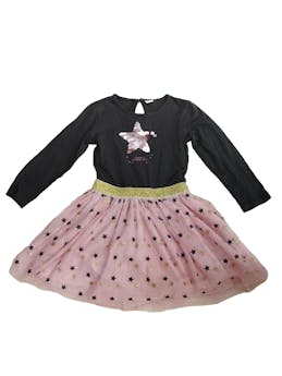 Vestido Yamp de mesh rosa con estampado de estrellas, forro, aplicaciones de lentejuelas en forma de estrella, elástico en cintura y botón posterior. Pecho: 60 cm, Largo: 61 SM