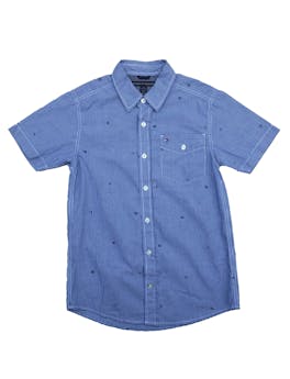 Camisa Tommy Hilfiger a cuadros blancos y azules, bolsillo en pecho.