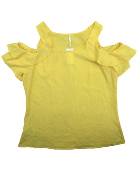 Blusa Leonisa de crepé amarillo, hombros descubiertos y volantes. Busto: 100cm, Largo: 62cm