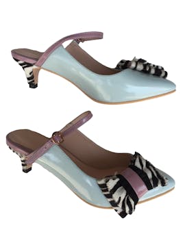 Zapatos Bipolar celeste y lila con lazo textura pelo, taco 5cm. Como nuevos, precio original S/ 590