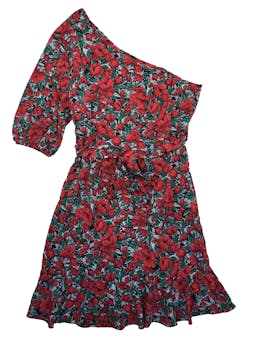 Vestido Shein one shoulder con flores rojas y verdes, cierre lateral y cinto. Busto 90cm Largo 82cm