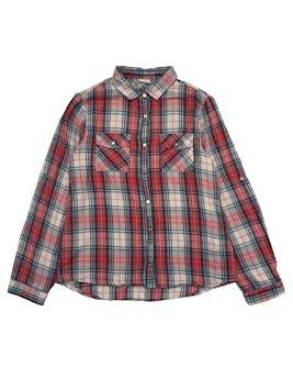 Camisa Zara a cuadros rojo. begie, azul, broches delanteros y bolsillos 100% algodón