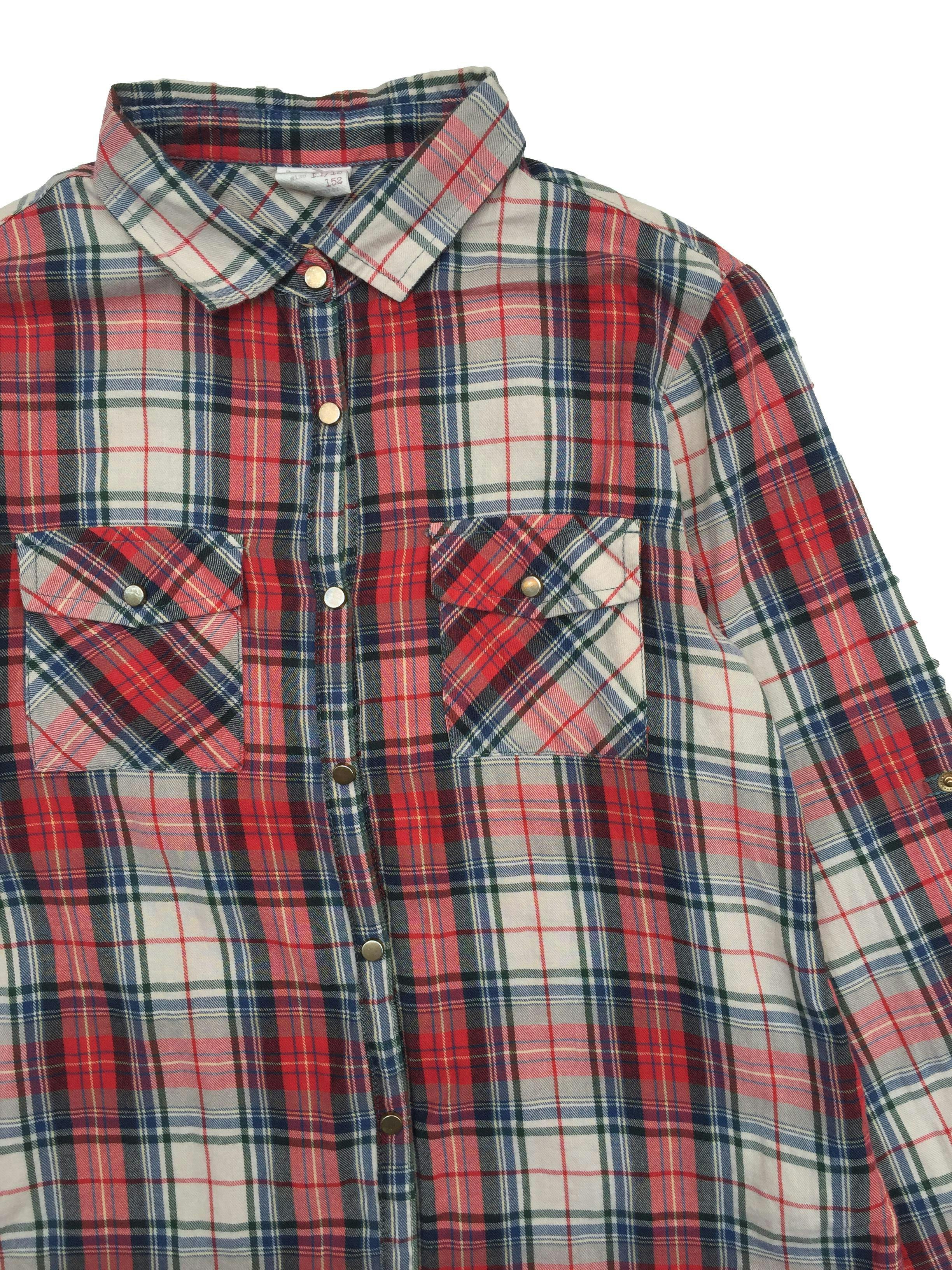 Camisa Zara a cuadros rojo. begie, azul, broches delanteros y bolsillos 100% algodón