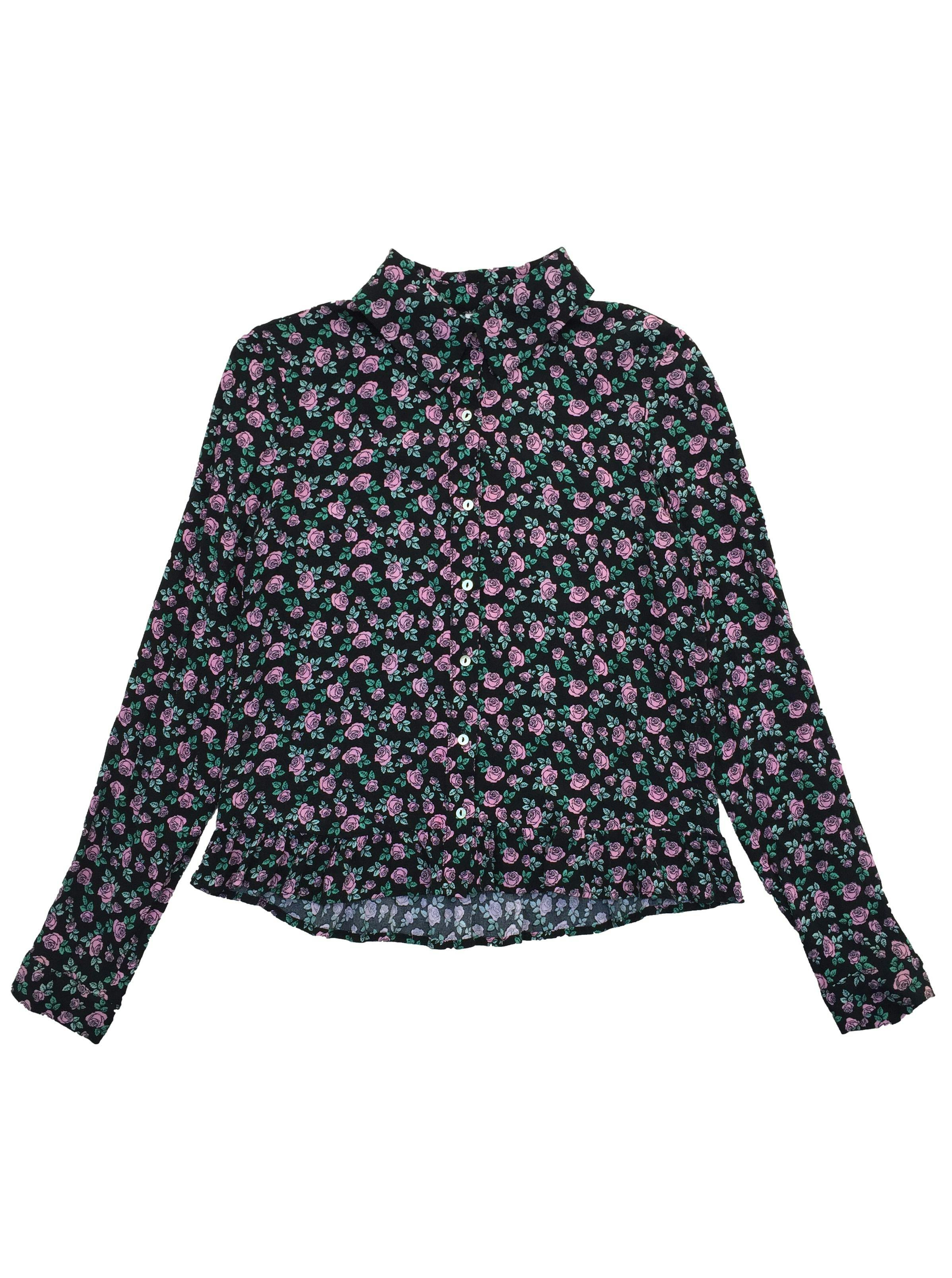 Blusa Sybilla negra con flores rosadas y hojas verdes botones delanteros. Busto 86cm Largo 50cm