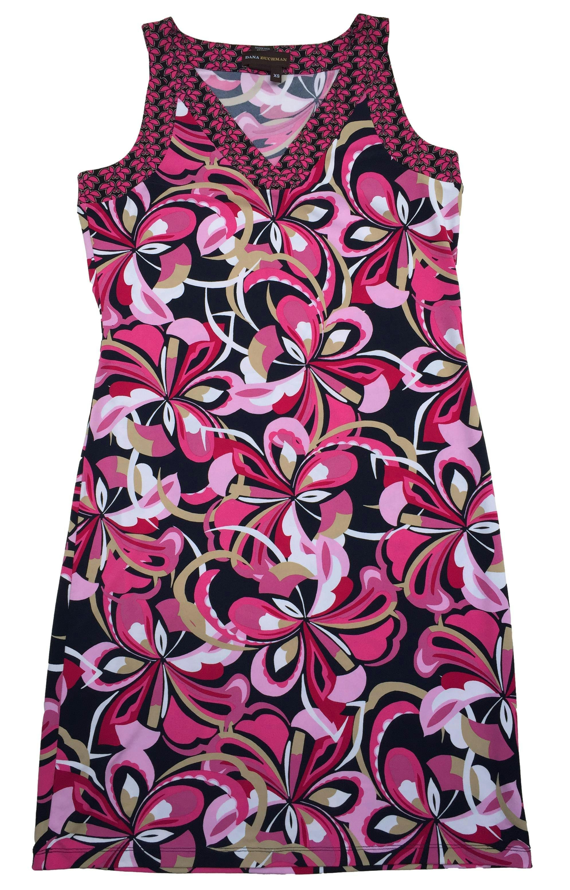 Vestido Dana Buchman estampado de flores en tonos negro rosa beige, stretch. Busto: 90cm, Largo: 90cm