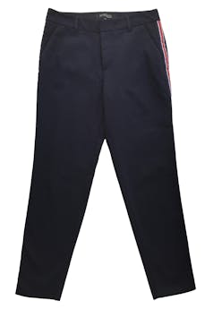 Pantalón Marquis azulino con franjas a los laterales, bolsillo y cierre delantero. Cintura: 72cm, Tiro: 25cm, Largo: 90cm