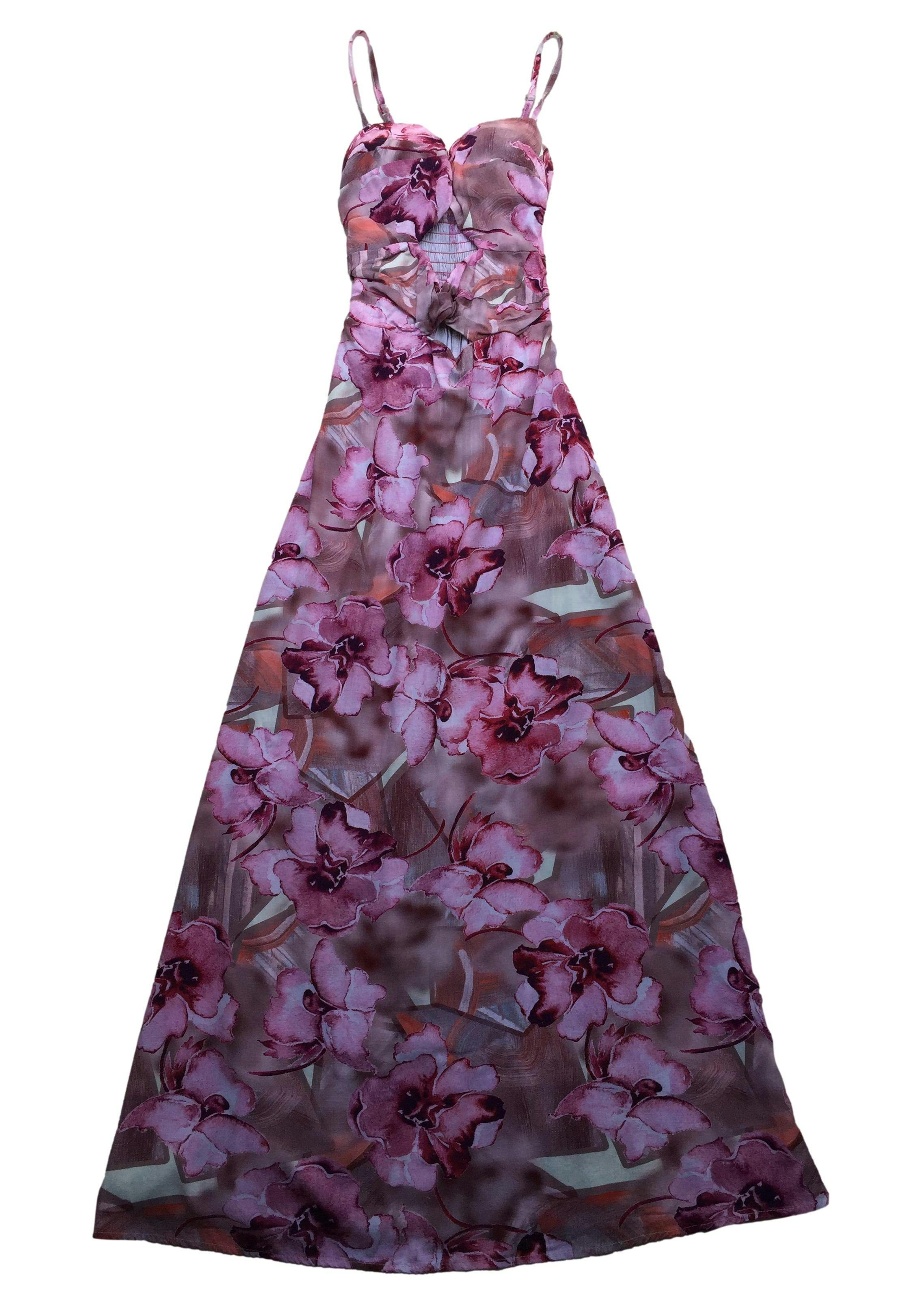 Vestido Bohem largo de flores rosa, delantero con copas y efecto nudo, espalda panal de abeja, tela fresco. Busto 80cm Largo 138cm