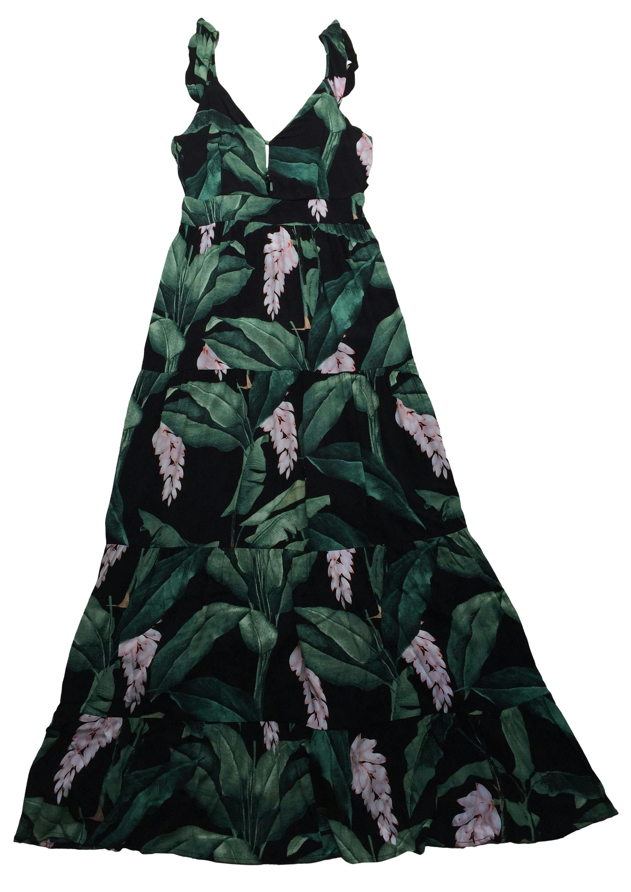 Vestido largo Marquis negro con hojas verdes y rosa, panal de abeja en espalda. Busto 90cm Largo 140cm