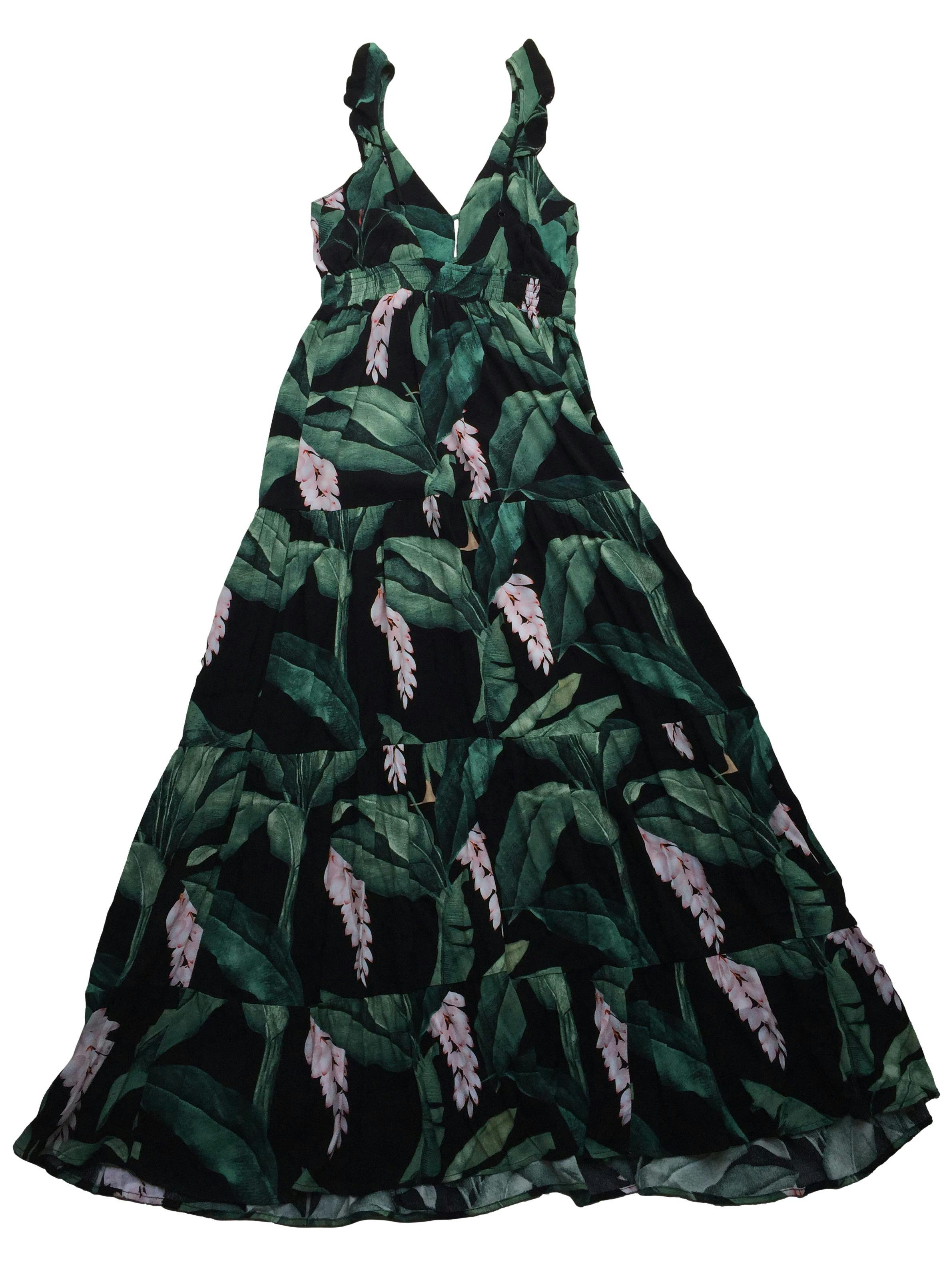 Vestido largo Marquis negro con hojas verdes y rosa, panal de abeja en espalda. Busto 90cm Largo 140cm